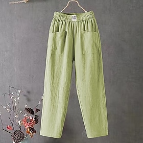 Women's Normal Chinos 100% Cotton Summer Pants Baggy Pants Solid Comfort Ankle-Length Mid Waist Side Pockets Elastic Waist Baggy Comfort Micro-elastic Casual D