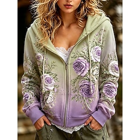 Women's Zip Up Hoodies Front Pocket Floral Graphic Active Casual Long Sleeve Hooded Regular Tops Casual Holiday Pink Brown Green Spring Fall