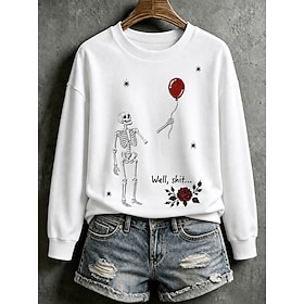 Halloween Women's Pullover Sweatshirt Print Graphic Letter Halloween Fashion Casual Long Sleeve Crew Neck Regular Tops Casual Street Dailywear Blue White Apric