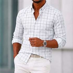 Men's Shirt Dress Shirt Button Up Shirt Plaid Casual Daily White Light Green Royal Blue Blue Long Sleeve Turndown All Seasons Clothing Apparel Patchwork