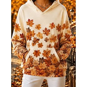 Women's Sweatshirts Patchwork Pocket Print Floral Graphic Casual Long Sleeve Hooded Regular Tops Casual Street Dailywear Light Brown Orange Beige Spring Fall W