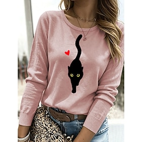 Women's Sweater Fashion Daily Casual Graphic Animal Ribbed Crew Neck Buttons Print Long Sleeve Regular Tops Knit Daily Outdoor Date Blue Pink Fall Winter
