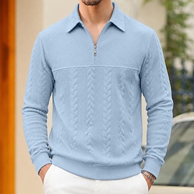 Men's Polo Shirts Textured Casual Daily Zip Long Sleeve Basic Leisure Plain Zipper Fall Winter Regular White Black Navy Blue khaki Gray Light Blue Polo Shirts