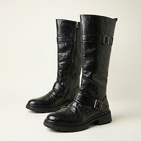 Men's Knee High Motorcycle Boots with Buckle Straps and Side Zipper, Rugged Biker Style for Mature Men, Riding, Touring and Casual Wear