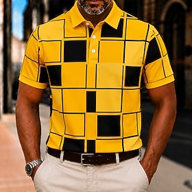 Men's Color Block Geometic Polo Shirts Short Sleeve Polo Shirts Collared Shirts Casual Athleisure 3D Print Buttons Spring  Summer Blue Yellow Purple