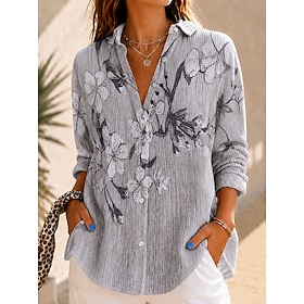 Women's Waffle Shirt Casual Shirt Summer Tops Ombre Floral Graphic Elegant Vintage Stylish Long Sleeve Turndown Long Tops Casual Daily Outdoor Blue Sky gray Ye