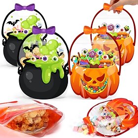 24PCS Halloween Treat Gift Bags Goodie Bags, Plastic Trick or Treat Candy Bags with Pumpkin, Skull, Skeleton, Black Cat  Cauldron Designs, Halloween Party Favo