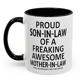 Funny Son-in-Law Gift Mug, Proud Son-in-Law of a Freaking Awesome Mother-in-Law Coffee Cup, White Ceramic Coffee Mug for Birthday, Christmas, Father's Day, Gif
