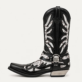 Botas vaqueras de hombre negras y plateadas, botas altas de estilo western con punta afilada, cremallera lateral, incrustaciones metálicas estilo piel de serpi