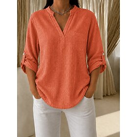 Women's Cotton Linen Shirts Tunic Buttons Solid Color Vacation Vintage Daily Long Sleeve 3/4 Sleeve V Neck Long Tops Casual Daily Blue White Maroon Grass Green