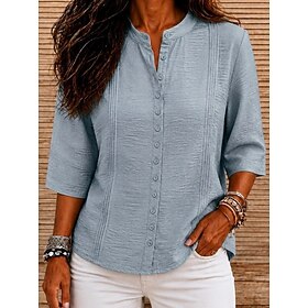 Women's Shirt Blouse Pleated Patchwork Solid Color Plain Elegant Vacation Stylish 3/4 Length Sleeve 3/4 Sleeve Stand Collar Long Tops Casual Blue Pink Summer S