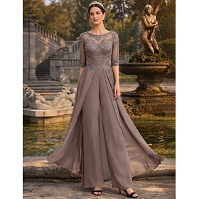 Two Piece Pantsuit Floor Length Mother of the Bride Dress Half Sleeve Bateau Neck Elegant Petite Wedding Guest Church Chiffon Lace with Appliques