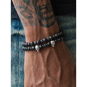 Men's Stainless Steel Natural Stone Gothic Skull Beaded Bracelet Set, 2PCS Dark Halloween Wrist Bracelets for Parties, Festivals, Biker Style, Costume Events