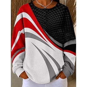 Women's Textured Pullover Sweatshirt Buttons Graphic Geometric Color Block Fashion Casual Print Long Sleeve Crew Neck Round Neck Regular Tops Casual Street Blu