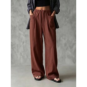Women's Wide Leg Casual Pants Vacation Vintage Basic Full Length High Waist Plain Comfortable Inelastic Vacation Formal Light Blue Coffee brown Black Navy Blue