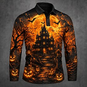 Halloween Men's Graphic Polo Shirts Long Sleeve Polo Shirts Lapel Casual Outdoor Athleisure Daily Wear 3D Print Buttons Fall Winter 1# 2# 3#