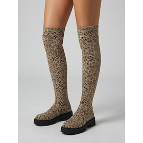 Women's Leopard Print Knit Over The Knee Boots - Fashion Tall Boots with Chunky Lug Sole, Animal Print High Boots for Street Style, Travel and Everyday Wear
