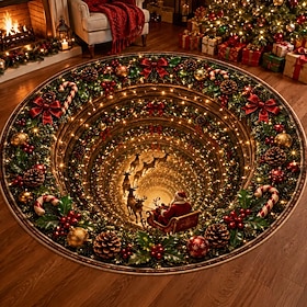 Christmas 3D Vortex Optical Illusion Round Rug, Non Slip Decorative Floor Mat, Festive Visual Trap Design, Xmas Home Decoration Gift for Family and Holiday Par
