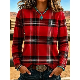 Halloween Women's T Shirt Print Graphic Geometric Plaid Vintage Fashion Stylish Long Sleeve Crew Neck Regular Tops Casual Daily Blue Pink Red Spring Fall