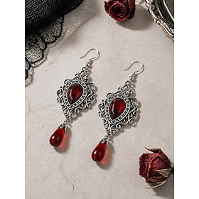 Boucles d'oreilles pendantes en cristal rouge pour femme, serties dans une monture en filigrane vintage; bijoux gothiques pour Halloween, soirées costumées, c