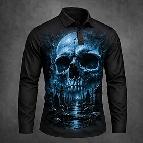 Men's Skull Polo Shirts Long Sleeve Polo Shirts Lapel Casual Outdoor Athleisure Daily Wear 3D Print Buttons Fall Winter 1# 2# 3#