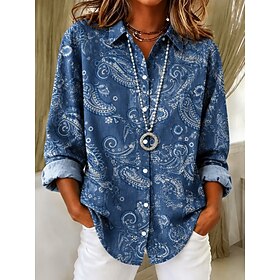 Women's Shirt Blouse Patchwork Buttons Print Floral Graphic Bohemia Vacation Vintage Long Sleeve Shirt Collar Regular Tops Casual Daily Blue Pink Summer Spring