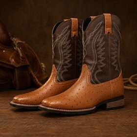 Men's Brown Western Cowboy Boots, Embroidered Pointed-Toe Mid-Calf Boots for Country Gentlemen, Rodeos, Festivals, Riding and Casual Wear