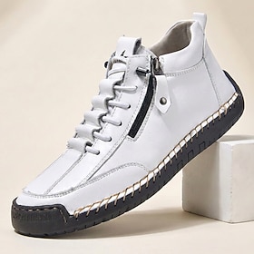 Men's White Lace-Up Casual Shoes, Side-Zip Hand-Stitched Comfort Walking Shoes …