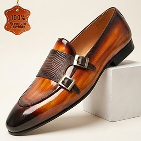 Men's Genuine Leather Brown Double Monk Strap Loafers, Burnished Slip-On Dress Shoes with Embossed Vamp for Stylish Gentlemen, Business, Weddings and Evening E