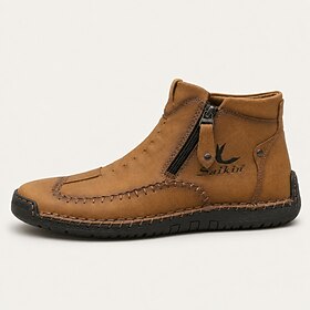 Men's Brown Ankle Boots – Distressed Faux Leather Side Zip Boots, Hand-Stitched…