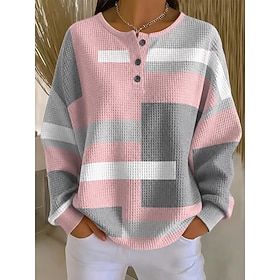 Women's Waffle Textured Pullover Sweatshirt Knit Tops Buttons Graphic Abstract Fashion Casual Print Long Sleeve Crew Neck Round Neck Long Tops Casual Street Bl