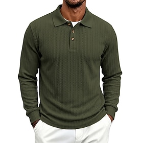 Men's Polo Shirts Textured Casual Street Lapel Long Sleeve Basic Modern Plain Buttons Keep Warm Fall Winter Regular White Black Burgundy Navy Blue Khaki Light