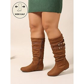 Women's Camel Wide Calf Knee-High Boots, Slouchy Double-Buckle Strap Tall Boots with Side Zip, Vintage Casual Style for Fall, Winter, Countryside Strolls Cott