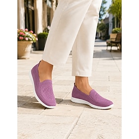 Women's Purple Breathable Knit Slip-On Walking Shoes, Lightweight Flat Shoes Wi…