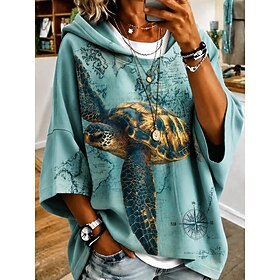 Women's Pullover Hoodie Sweatshirt Patchwork Print Graphic Geometric Striped Casual 3/4 Length Sleeve Hooded Regular Tops Casual Street Dailywear Blue Silver Y