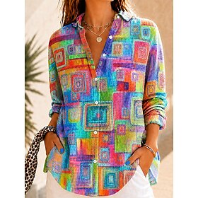 Women's Waffle Shirt Casual Shirt Summer Tops Ombre Floral Graphic Elegant Vintage Stylish Long Sleeve Turndown Regular Tops Casual Daily Outdoor Blue Moss gre