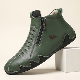 Men's Dark Green Barefoot Ankle Boots, Lace-Up Side-Zip Walking Shoes With Flex…