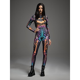 Halloween Bodysuit Jumpsuit Onesie Costume Skull Full Body Skeleton Printing Front Zipper Jack O Lantern Gothic Spooky Unisex Costume for Club Party Halloween