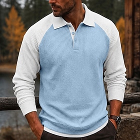 Men's Waffle Polo Shirts Casual Lapel Long Sleeve Fashion Modern Solid Color Knitted Fall Spring Fall All Seasons Regular Black Navy Blue Purple Gray Light B