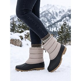 Women's Black Apricot Mid-calf Outdoor Snow Boots with Puffer Shaft, Adjustable Drawstring Collar Waterproof Toe, Warm Lining Non-Slip Lug Sole Boots for Sno