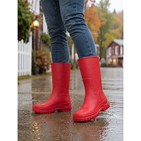 Women's Red Mid-Calf Rain Boots, Waterproof Pull-On Wellies with Round Toe and Rugged Non-Slip Lug Sole, Casual Outdoor Boots for Rainy Days, Garden, Walking,