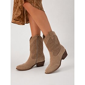 Women's Tan Faux Suede Perforated Cowboy Boots, Mid-Calf Western Cowgirl Boots with Pointed Toe, Side Zipper Low Stacked Heel for Country Concerts, Festivals