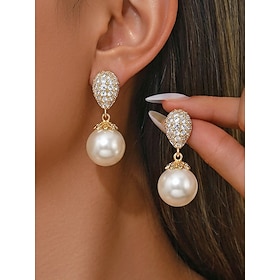 Women's Faux Pearl Rhinestone Drop Earrings, Luxury Elegant Pearl Dangle Earrings for Wedding, Evening Party, Cocktail, Banquet, Formal Dinner and Special Occa