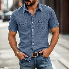 DenimTone™ Men's Washed Stretch Denim Shirt Stretch Comfort Easy Movement Short Sleeve 2-Pocket Summer-to-Fall Casual