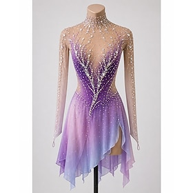 Figure Skating Dress Women's Ice Skating Dress Purple Patchwork Thumbhole Stretchy Training Competition Skating Wear Classic Crystal / Rhinestone Long Sleeve I