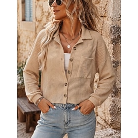 Women's Waffle Polo Shirts Button Down Shirt Texture Pocket Buttons Vintage Long Sleeve Casual Army Green Apricot Rose Pink Summer Spring