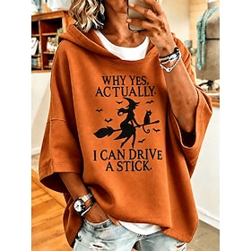 Halloween Women's Pullover Hoodie Sweatshirt Print Graphic Letter Witch Casual 3/4 Length Sleeve Hooded Regular Tops Casual Street Dailywear Pink Orange Green