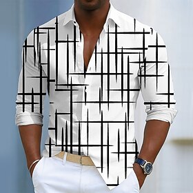 Men's Geometric Color Block Shirt Button Up Shirt Long Sleeve Fashion Casual Daily Vacation Spring Fall Turndown 3D Print Linen Like Shirt Blue White Yellow Pu