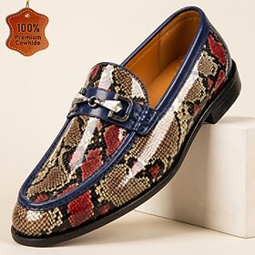 Men's Premium Genuine Leather Snakeskin-Embossed Loafers, Metal Bit Luxury Slip-On Dress Shoes for Stylish Men, Parties, Weddings and Evening Events