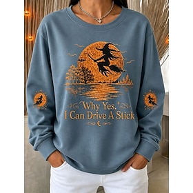 Halloween Women's Pullover Sweatshirt Print Graphic Letter Halloween Fashion Casual Long Sleeve Crew Neck Regular Tops Casual Street Dailywear Blue Black Green